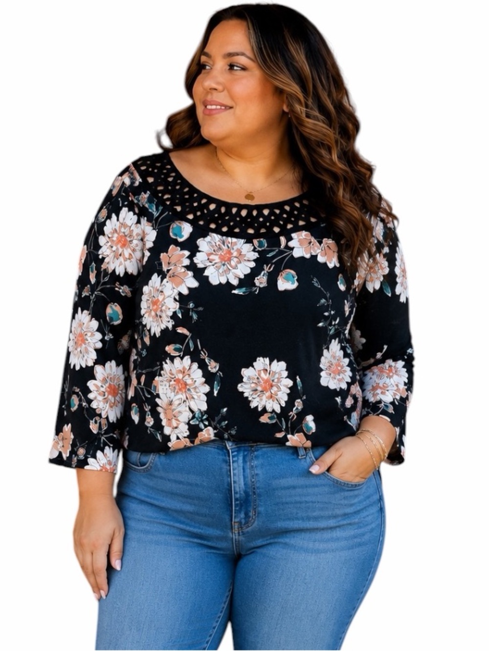 Daniel Rainn 2X Black Floral Tunic Lattice Neckline Modest Casual